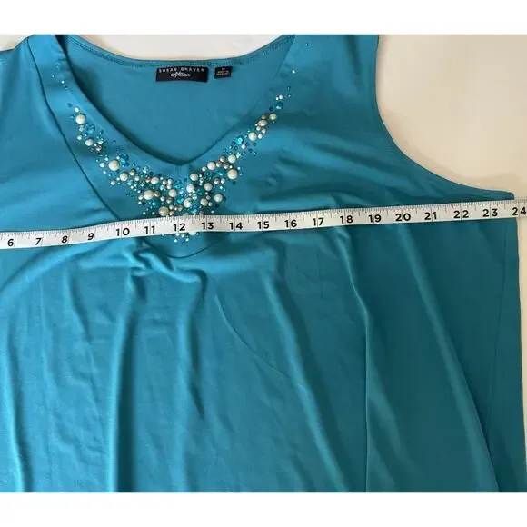 Susan Graver Tank Top Sz 1X Turquoise Blouse Beaded Sleeveless Liquid Knit EUC - Picture 6 of 8